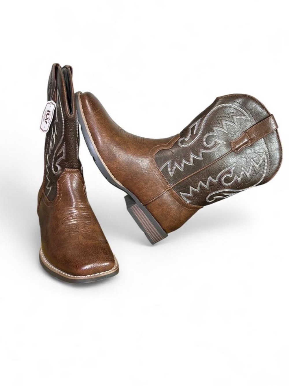 Cowboy Brown Western Boots W/Wide Square Toe Embroidered Pull On - Brand New